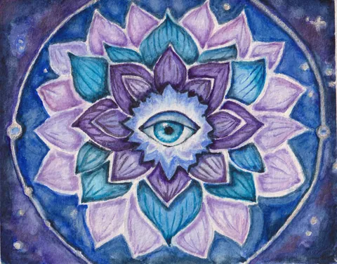 Day 6, Third Eye: a violet and blue mandala with an open eye at its center, on a deep blue background.