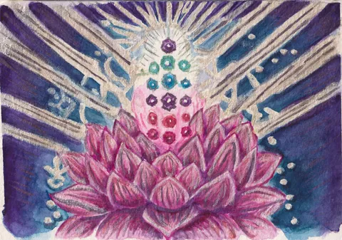 Day 7, Crown: a pink lotus with silver rays rising above it and a column of colored dots, from red to violet.