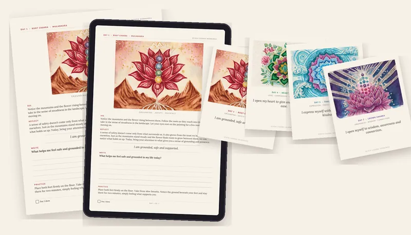 Made from the real files: the Day 1 page printed and on a tablet, three of the seven cards, and the Root card as a phone lock screen.
