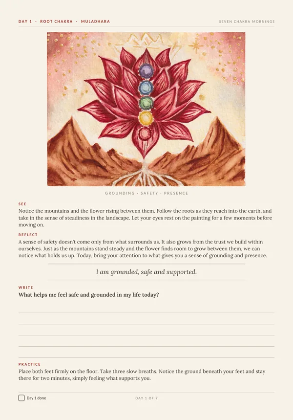 The real Day 1 page: the Root watercolor, then See, Reflect, the affirmation, the question with lines to write, and the practice.